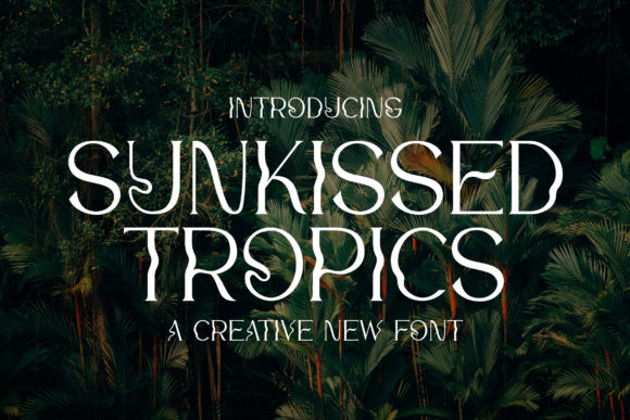 Showcase of Sunkissed Tropics font on Creative Fabrica, featuring a wavy and whimsical modern serif typeface. Perfect for coastal beach branding, luxury resort invitations, and aesthetic Canva graphics.