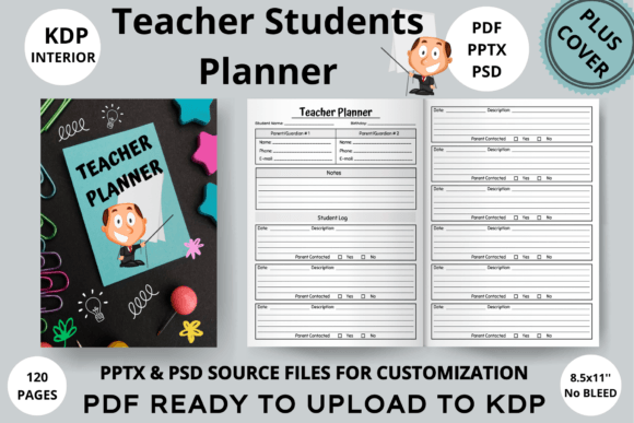 Teacher planner interior layout editable in PowerPoint and Photoshop showing lesson planning sheets and record trackers.