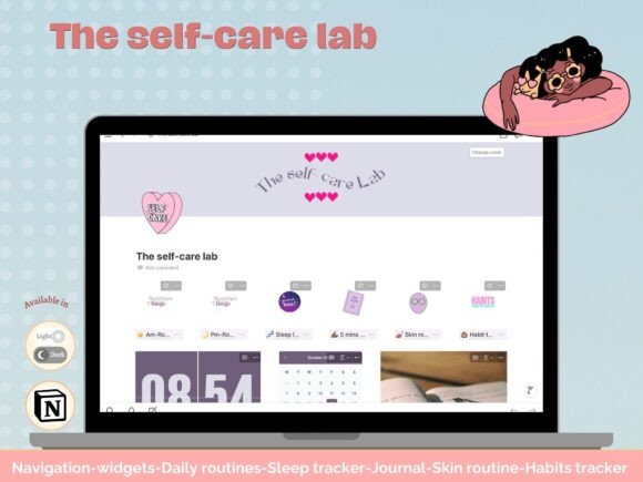 The Self -care Lab Notion Template-Aesthetic self-care dashboard inside Notion featuring digital widgets, daily journals, and morning routine trackers.
