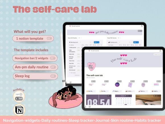 The Self -care Lab Notion Template-Calming wellness digital planner created with minimalist Notion templates supporting both light and dark mode views.