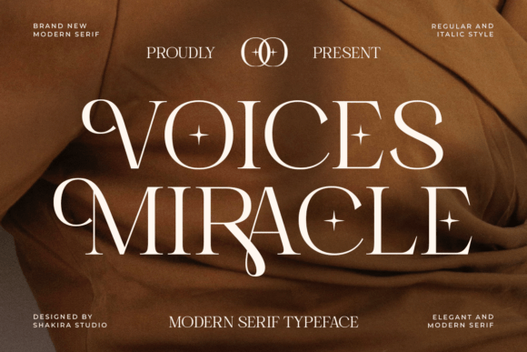Showcase of Voices Miracle typeface, a high-contrast modern serif font on Creative Fabrica. The image displays elegant ligatures, dramatic swashes, and luxury editorial typography style, perfect for Canva branding and luxury social media posts.