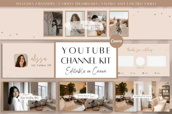 YouTube Branding Kit Canva Brown-A cohesive aesthetic YouTube branding kit layout displaying matching blush-pink banners, video intro screens, and thumbnail text frames in Canva.