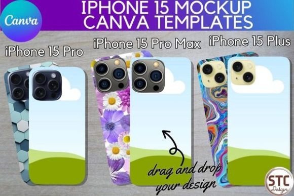 IPhone 15 Pro Max Mockup Canva Templates-A demonstration of smart drag-and-drop geometric photo frames being filled with colorful patterns inside the Canva workspace.