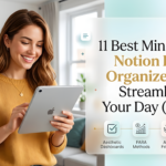 A smiling young woman holding a silver iPad Pro in a modern living room, next to a sleek frosted glass overlay featuring the title text "11 Best Minimalist Notion Life Organizers to Streamline Your Day (2026)". The visual includes minimalist category icons for Aesthetic Dashboards, PARA Methods, ADHD Friendly, and a Creative Fabrica All Access badge.