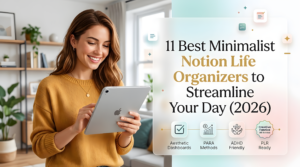 A smiling young woman holding a silver iPad Pro in a modern living room, next to a sleek frosted glass overlay featuring the title text "11 Best Minimalist Notion Life Organizers to Streamline Your Day (2026)". The visual includes minimalist category icons for Aesthetic Dashboards, PARA Methods, ADHD Friendly, and a Creative Fabrica All Access badge.