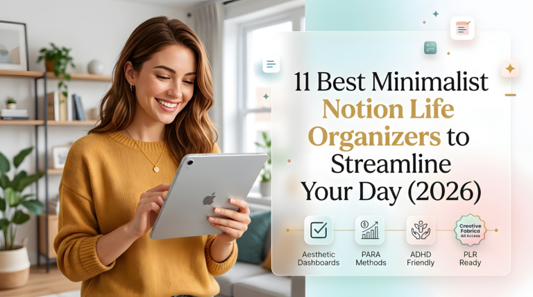 A smiling young woman holding a silver iPad Pro in a modern living room, next to a sleek frosted glass overlay featuring the title text "11 Best Minimalist Notion Life Organizers to Streamline Your Day (2026)". The visual includes minimalist category icons for Aesthetic Dashboards, PARA Methods, ADHD Friendly, and a Creative Fabrica All Access badge.