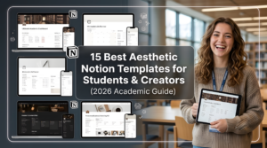 A featured image for a blog post showing multiple aesthetic Notion templates displayed on laptops and smartphones, with a beautiful smiling young female student holding an iPad on the right side and a central text overlay that reads "15 Best Aesthetic Notion Templates for Students & Creators (2026 Academic Guide)".