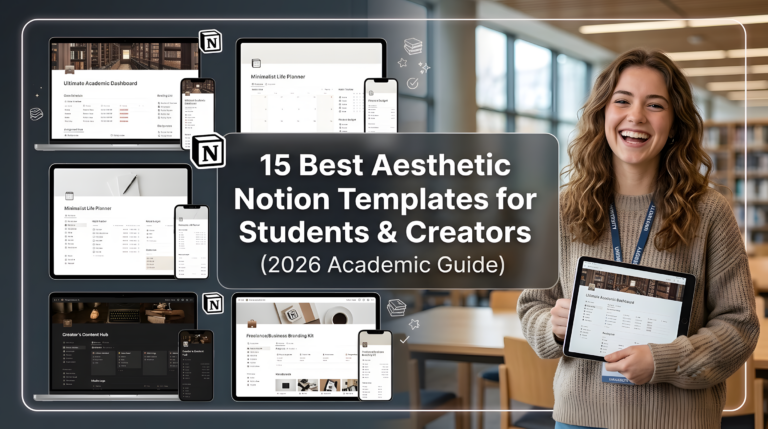 A featured image for a blog post showing multiple aesthetic Notion templates displayed on laptops and smartphones, with a beautiful smiling young female student holding an iPad on the right side and a central text overlay that reads "15 Best Aesthetic Notion Templates for Students & Creators (2026 Academic Guide)".