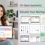 A woman is sitting on a couch holding a tablet displaying the 'Aesthetic Student Hub' Notion template. To her right is a graphic collage showcasing various digital covers and icon packs for Notion in pastel tones. The text at the top reads: '21+ Best Aesthetic Notion Covers & Icon Packs to Elevate Your Workspace (2026)'. The collage features laptop and phone mockups, icons for 'Finance' and 'Reading' sections, as well as 3D elements like a camera and headphones.