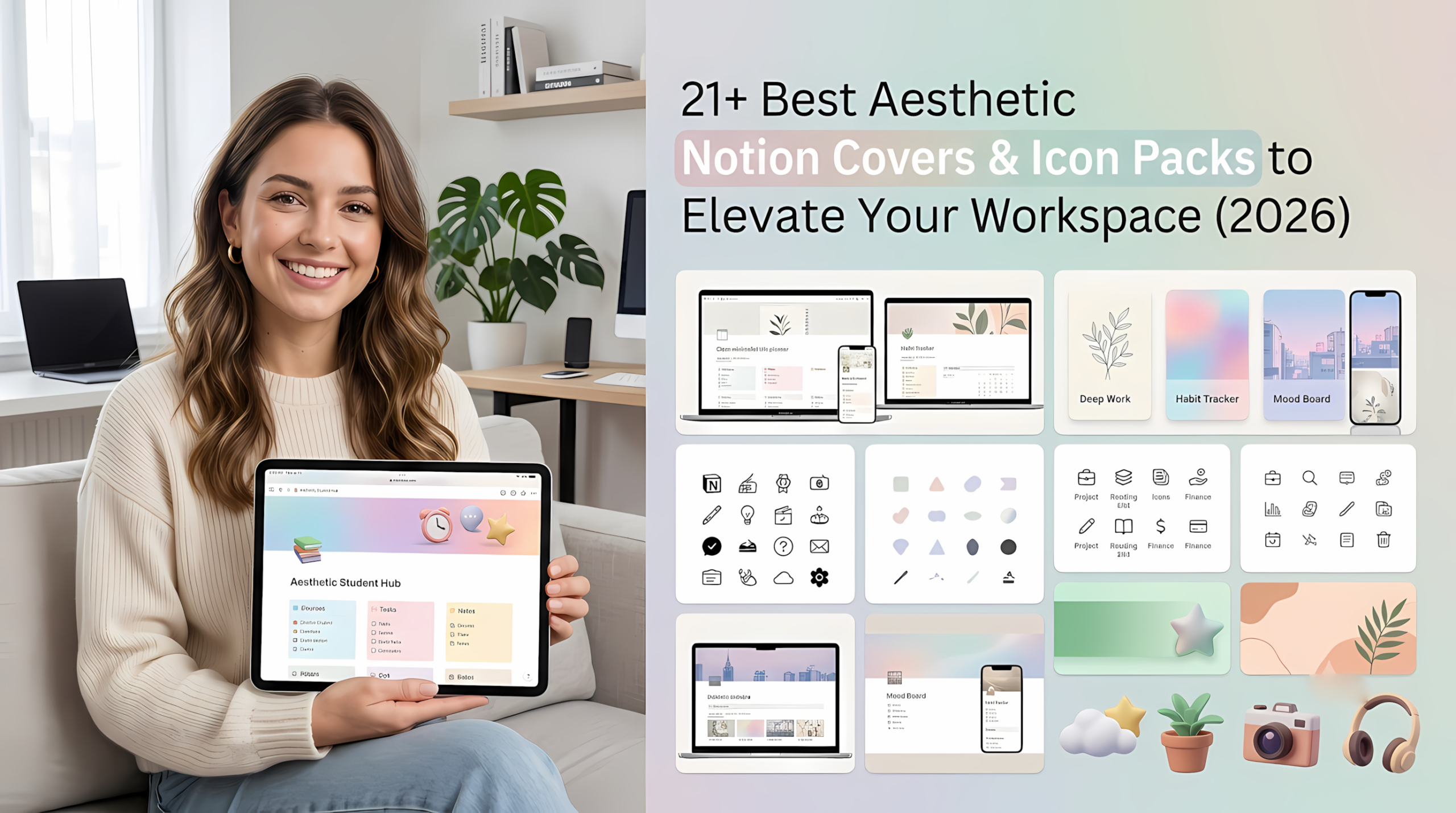 A woman is sitting on a couch holding a tablet displaying the 'Aesthetic Student Hub' Notion template. To her right is a graphic collage showcasing various digital covers and icon packs for Notion in pastel tones. The text at the top reads: '21+ Best Aesthetic Notion Covers & Icon Packs to Elevate Your Workspace (2026)'. The collage features laptop and phone mockups, icons for 'Finance' and 'Reading' sections, as well as 3D elements like a camera and headphones.