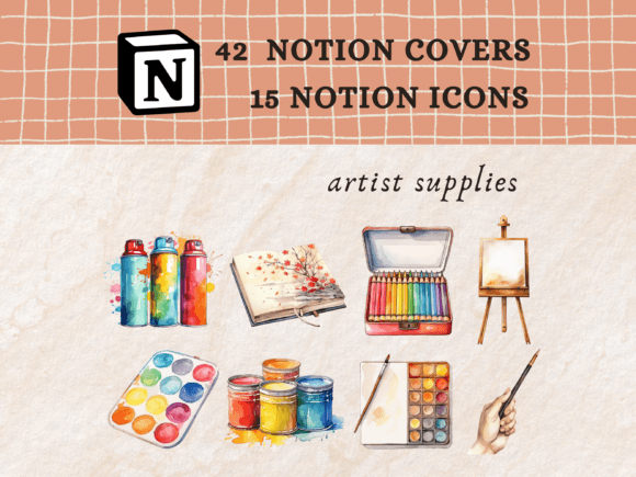 Hand-drawn artist supplies notion icons and checker covers for creative art journal dashboards.