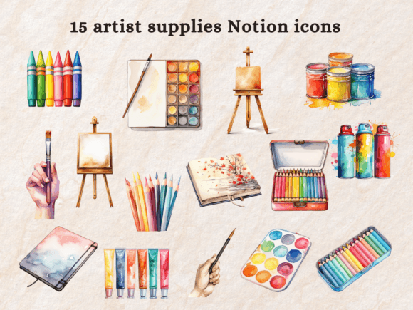 Aesthetic art studio notion icons for organizing illustrator portfolios and creative project hubs.