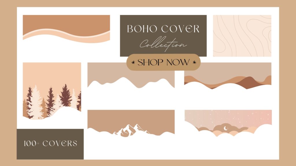 Bohemian aesthetic Notion covers pack with warm terracotta and beige organic design.