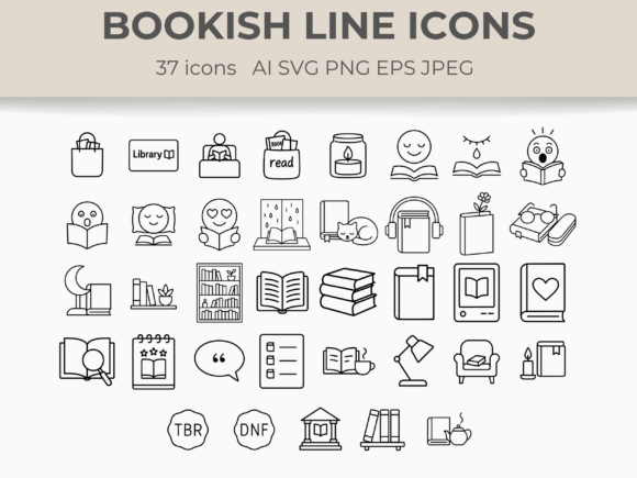 Aesthetic book line art vector SVG icons for Notion reading planners and book journals.