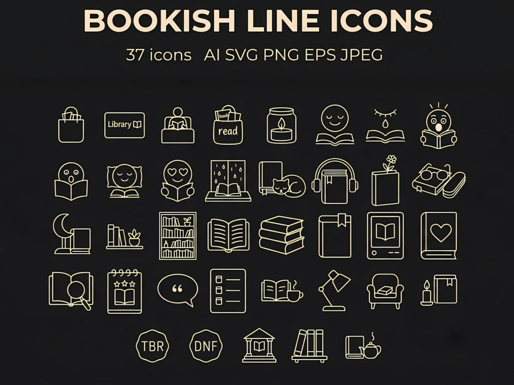 Minimalist hand-drawn reading icon set for organizing study databases and digital bookshelves.