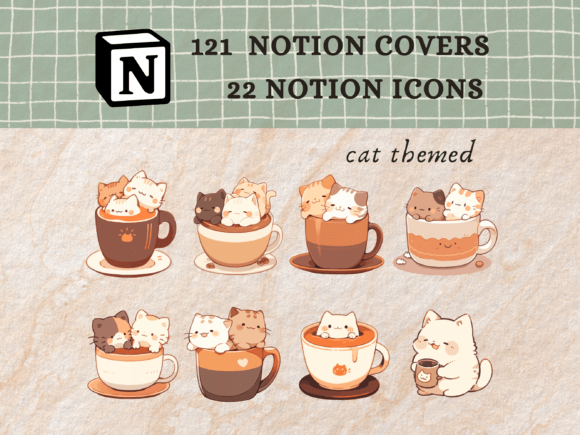 Cute cat notion icons and aesthetic watercolor gingham covers pack for student digital planners.