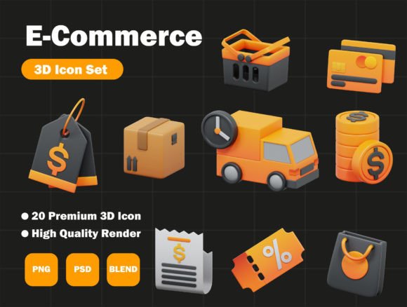 Modern glossy 3D e-commerce icons for Notion business dashboards and sales tracking hubs.