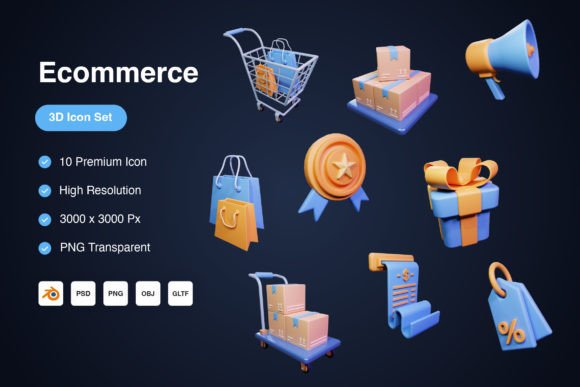 Vibrant 3D ecommerce icons for Notion sales funnels, CRM databases, and inventory tracking.