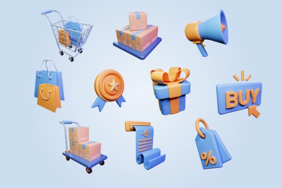 Web-optimized 3D shopping and business icons for lightweight, fast-loading Notion mobile views.