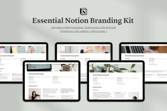 Essential Notion Branding Kit dashboard on Creative Fabrica featuring professional client portal layouts for identity designers.