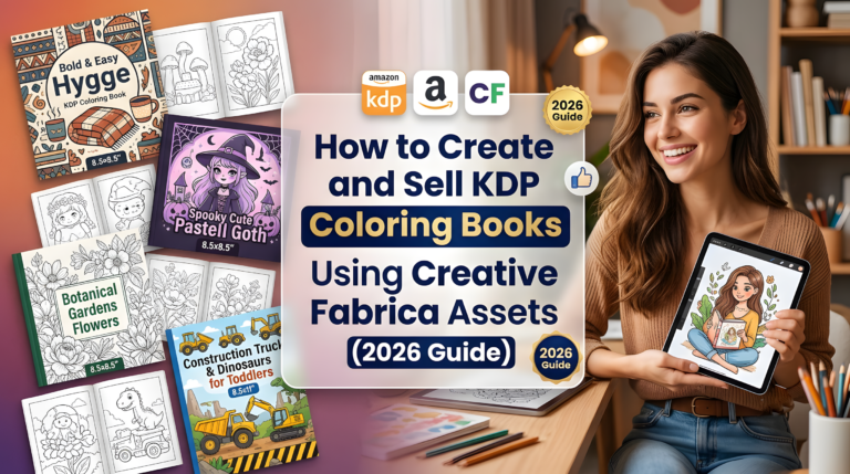 A vibrant featured image for an Amazon KDP self-publishing guide. On the left, several mockups of trending coloring book covers and open interior pages are displayed, showcasing styles like "Bold & Easy Hygge," "Spooky Cute Pastel Goth," "Botanical Gardens Flowers," and "Construction Trucks for Toddlers." On the right, a smiling young female designer sits at a creative desk, holding an iPad displaying a colorful digital illustration. In the center, a semi-transparent white overlay features the clean, bold text: "How to Create and Sell KDP Coloring Books Fast Using Creative Fabrica Assets (2026 Guide)," perfectly positioned without blocking the designer.