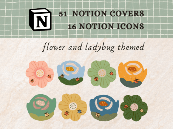 Hand-drawn botanical flower and ladybug notion icons for cottagecore gardening trackers.