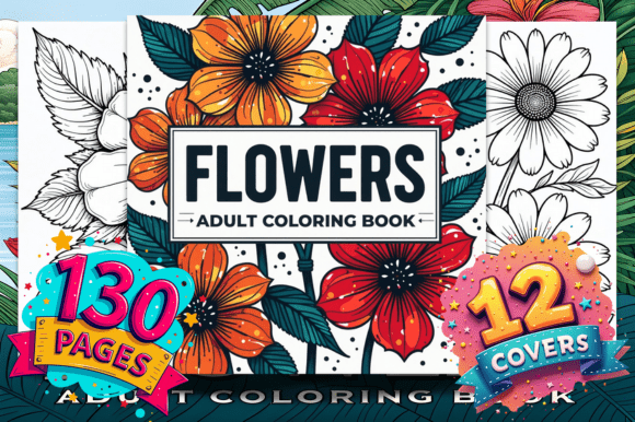 130 flowers adult coloring book bundle interior pages from Creative Fabrica.