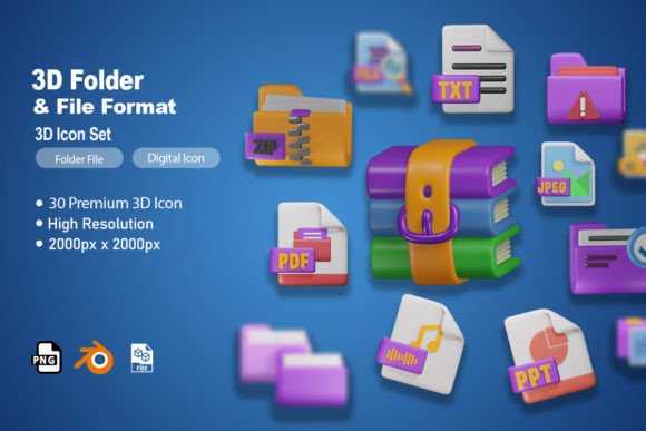 Tactile 3D folder and file format icons for organizing main Notion dashboards and document libraries.