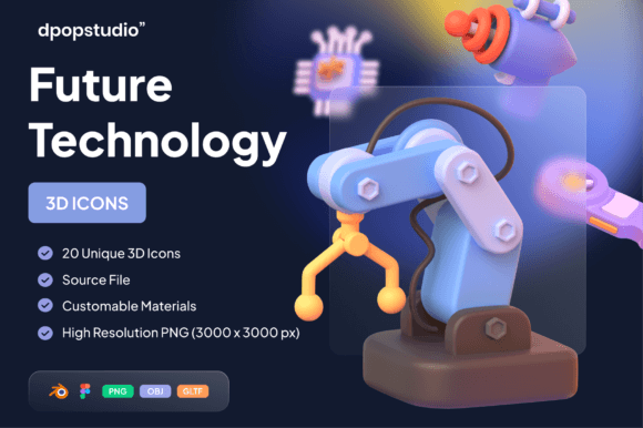 Sleek 3D future technology icons for IT project management and AI developer Notion dashboards.