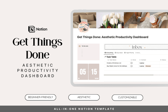 Aesthetic get things done notion template featuring an integrated pomodoro timer and spotify widget.
