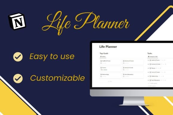 A clean and organized Notion life planner dashboard showing a daily to-do list, main goals grouped by life areas, a calendar view with color-coded entries, and a shopping list, all set against a neutral, calming background with intuitive navigation.