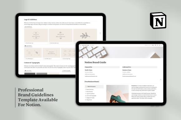 Notion Brand Guidelines Template showcasing clean typography and logo specification layouts for design agencies.