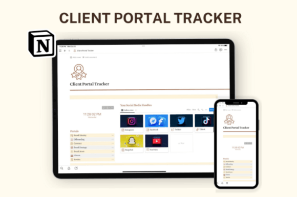 A colorful light-mode Notion client portal dashboard featuring client tracker with social media handles, brand identity section, contract management, brand strategy hub, brand asset library, client profiles, invoice tracking, tasks with project overview, and client feedback section, all organized with playful color accents and elegant typography.