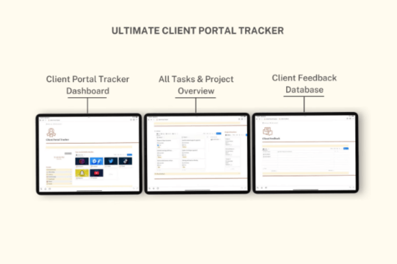 Screenshot of a comprehensive Notion client management template showing onboarding tracker, offboarding checklist, brand strategy documents, asset library, task management, project overview, and feedback collection, designed with a clean, aesthetic layout perfect for creative professionals managing multiple client relationships.