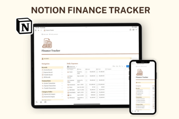 A minimalist light-mode Notion finance dashboard showing daily expense records, income and expense transactions, category breakdowns with pie charts, a yearly net overview, and a monthly budget tracker, all designed with clean typography and soft neutral tones.