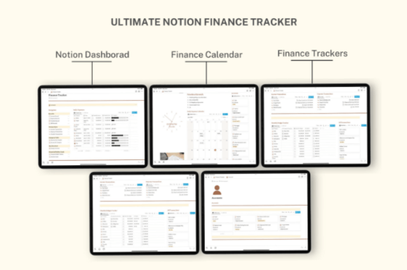 Screenshot of a chic Notion financial planner template featuring a side navigation bar, expense tracking by category, income goals section, a financial habit tracker, and automated calculators, all organized in a clutter-free, aesthetically pleasing layout.