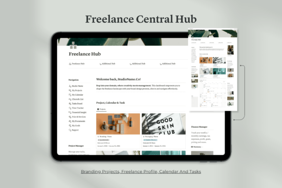 A clean and professional Notion workspace template designed for creative freelancers showing client list and time tracker modules.