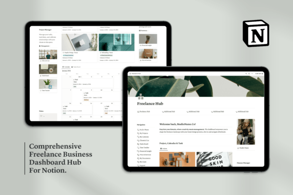 Notion Freelance Dashboard Hub by Selwyn Goodman featuring project management and financial tracking databases for solopreneurs.