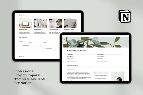 Notion Project Proposal Template featuring customizable pricing tables and case study layouts for high ticket sales