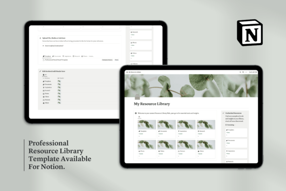 Notion Resource Library Hub dashboard showcasing organized digital file asset galleries and uploading docks.