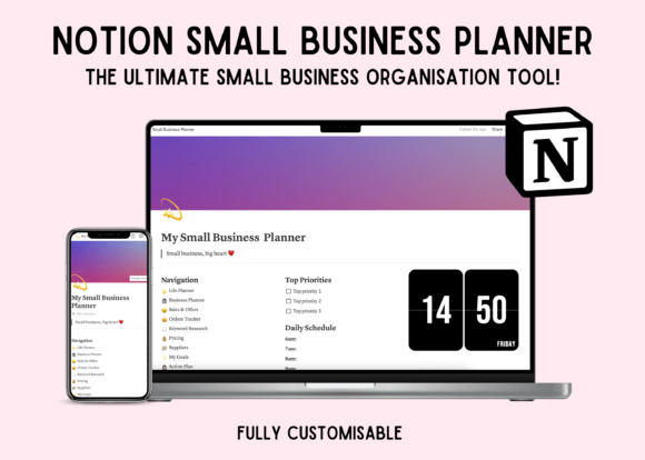 A clean and organized Notion small business planner dashboard showing monthly and weekly planning sections, sales and offers tracker, order management, keyword research tool, supplier planner, goals with action plans, and a complete social media management suite including content ideas, planner, resources, and analytics.