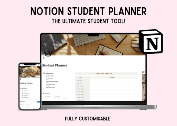 Academic student planner dashboard notion template for university courses and assignment tracking.