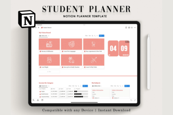 A bright and organized light-mode Notion student planner dashboard featuring daily tasks with priority lists, academics section with notebooks, media hub for books and shows, budget planner with automated tracker, fitness tracker, recipes page, and calendar view, all designed with color-coordinated sections and clean, student-friendly typography.