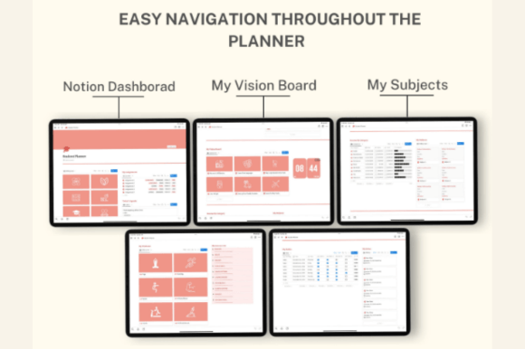 Screenshot of a comprehensive Notion student template showing daily tasks, monthly tasks board, work page, tour guide, shopping section, goals page, fitness and meal tracking, and a calendar, organized in an aesthetically pleasing light-mode layout perfect for managing academics and personal wellness.