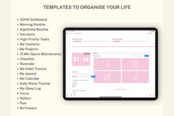 ADHD friendly Notion life planner, simple color-coded digital dashboard template for stress free focus and organization.