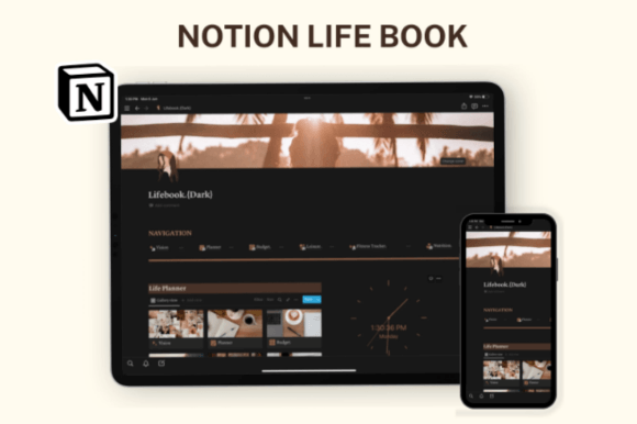 Dark mode aesthetic Notion life planner dashboard displaying a vision-board section for goal tracking and color-coordinated digital planning calendars.