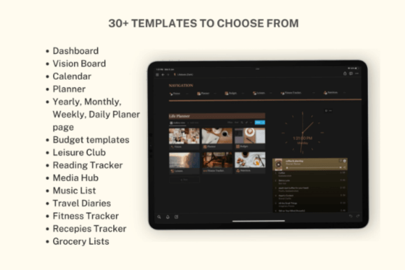 Dark theme Notion template for students and night owls, minimal aesthetic digital planner with automated calculator widgets.
