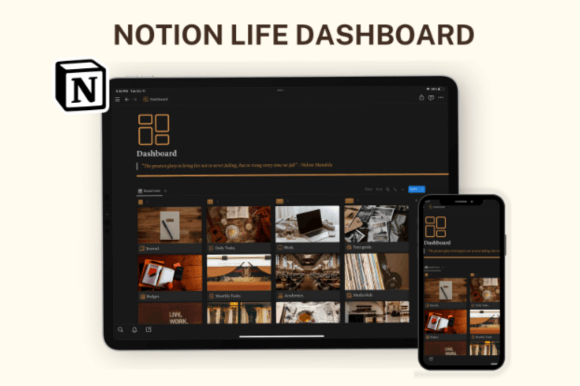 A sleek dark mode Notion daily life organizer dashboard featuring a journal page, daily tasks with priority lists, work page, budget tracker with automated calculator, monthly tasks board, media hub for books and shows, goals page, fitness tracker, and recipes section, all designed with elegant minimalist typography and subtle color accents.