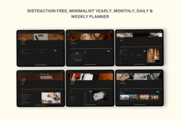 Screenshot of a sophisticated dark-themed Notion template showing a calendar with weather forecast, fitness tracking with meal planning, academic section, shopping list, media hub for entertainment tracking, and a comprehensive goals page, organized in a color-coordinated, distraction-free layout for seamless daily planning.