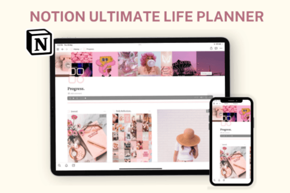 Minimalist clean light mode life planner notion template for students showcasing daily reflections and habit grids.